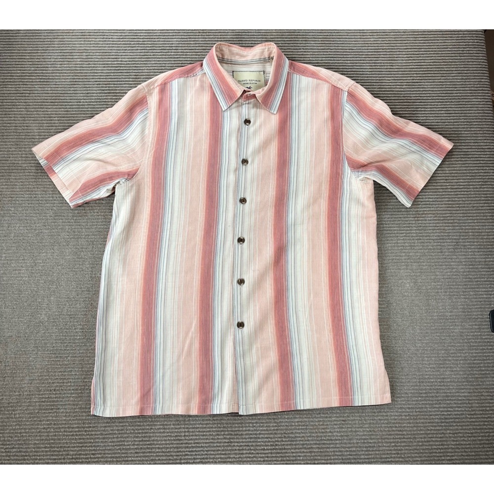 Island Republic Mens 100% Silk Striped Short Sleeve Button Down Shirt Coral Sz L